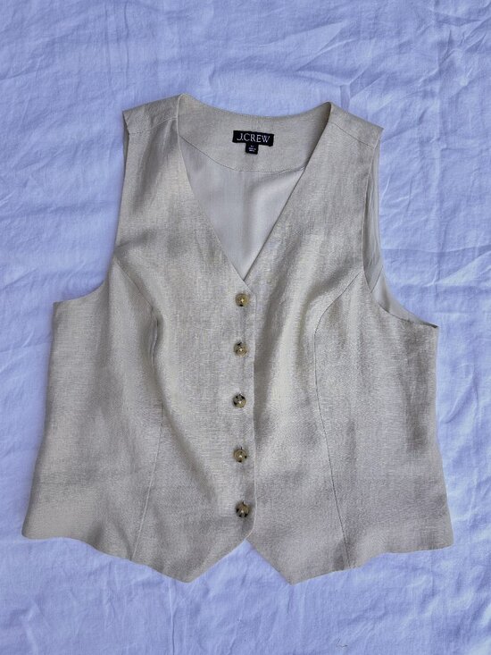 J.Crew Linen Button-front Fitted Vest | Natural-Tan | Sz-12 | Very Good Condit - Picture 4 of 12